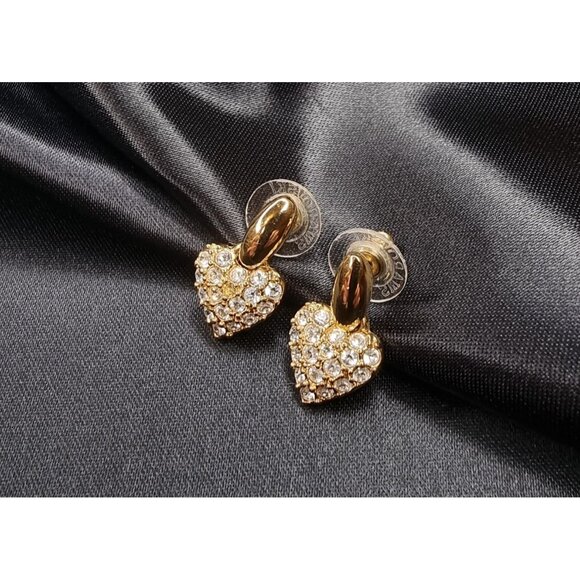 Vintage Swarovski Gold-Tone Crystal Heart Earrings - Picture 1 of 5
